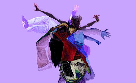 Plain light purple background. In the center, a person stands with one arm extended to the side and the other slightly raised. Behind them, other figures overlap translucently, one with their legs lifted in the air and two with their arms extended sideways. The silhouettes intersect and are distinguished by different colors.